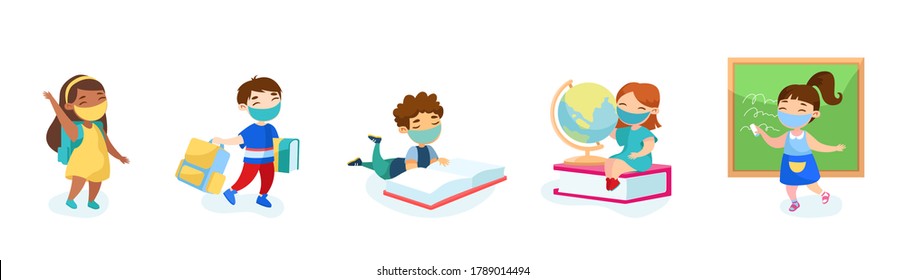 Set Back to School, Education during Coronavirus Pandemic. Children Characters in Medical Masks at Blackboard. Students with Studying Tools, Backpacks and Textbooks. Cartoon People Vector Illustration