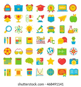 Set of back to school and education flat style icons school supplies on white background. Vector Illustration/
