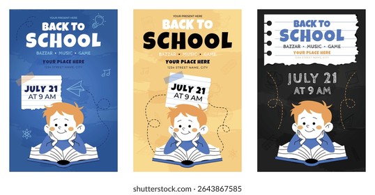A set of Back to school event poster with cute cartoon boy, open book, blackboard theme. Great for school fairs, games, and kids' educational promotions.