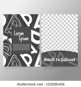Set of back to school flyer template. Poster background with black silhouette round ruler, lettering, transparent space for image. Design for promotion, invitation, cover, ads, leaflet, web banner