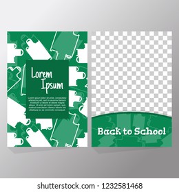 Set of back to school flyer template. Poster background with green silhouette pile of books, lettering, transparent space for image. Design for promotion, invitation, cover, ads, leaflet, web banner