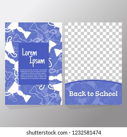Set of back to school flyer template. Poster background with blue silhouette cup champion, lettering, transparent space for image. Design for promotion, invitation, cover, ads, leaflet, web banner