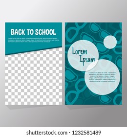 Set of back to school flyer template. Poster background with blue silhouette eyeglasses, bubble, transparent space for image. Design for promotion, invitation, cover, ads, leaflet, web banner