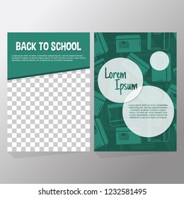 Set of back to school flyer template. Poster background with green silhouette books, bubble, transparent space for image. Design for promotion, invitation, cover, ads, leaflet, web banner