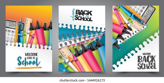 A set of back to school flyers with realistic 3d stationery and items for education. - calculator, highlighers, crayons, copybooks. Text on a torn out sheet of paper. Vector illustration.