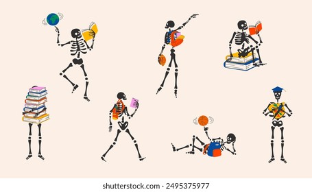 Set of Back to school. Funny Skeleton ready for school with school stationery. Cute character Skeleton Bones