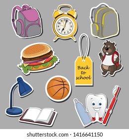 Set of back school gift tags, scrapbooking elements, stickers, labels, badges with clock alarm, backpack, lamp and book, toothpaste and brush, sandwich basketball. Vector illustration