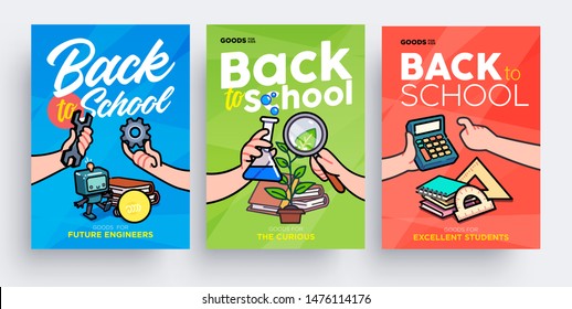 Set of Back to School greeting cards, posters or flyers. Сhildren's hands holding school supplies. Template for stationery store