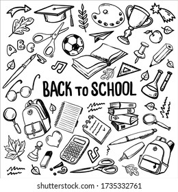  Set Back to school in hand drawn doodle style. Backpack, books, cup, ball, glasses, maple leaf, school supplies. Text Back to school. Vector illustration.