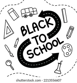 Set of back to school hand drawn doodles isolated on white background. pencil, paint, bus, ruler, rubber eraser and magnifying glass. Vector illustration