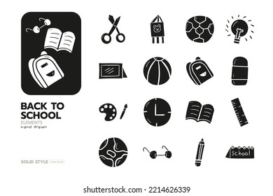 Set of back to school hand drawn elements solid style vector design.