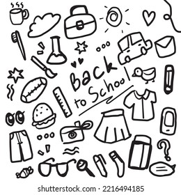 Set of back to school hand drawn doodles isolated on white background. pencil, paint, bus, ruler, rubber eraser. Vector illustration