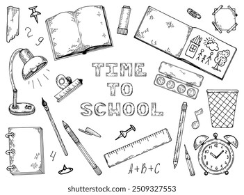 Set back to school hand drawn doodle. Stationery supplies. Children school elements. Study time. Books, notebook, pens, ruler, lamp, clock. Lessons. Vector sketch line art illustration.