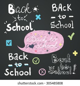 Set Of Back To School Hand Written Lettering, Check Marks And Yes And No Signs, Isolated On Chalkboard Background.