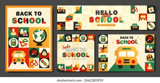 Set of "Back to School" and "Hello School" banners, flyers, and square cards layouts with diverse educational flat colorful icons in a green, yellow, red, beige vibrant geometric mosaic. 