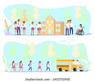 Set of Back to school horizontal banner. School children go to the schoolbus and teenagers group in front of the school building. Flat Art Vector illustration