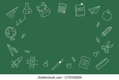 Set of back to school icons on chalkboard background with copy space. Icon include of book, book, pencil, bag,calculator, scissor and ruler. Vector illustration concept for new semester students