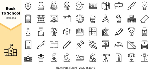 Volver a la escuela Icons. Paquete de iconos de estilo de arte de línea simple. Ilustración del vector