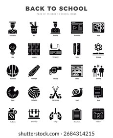 Set of Back To School Icons. Simple Glyph art style icons pack.