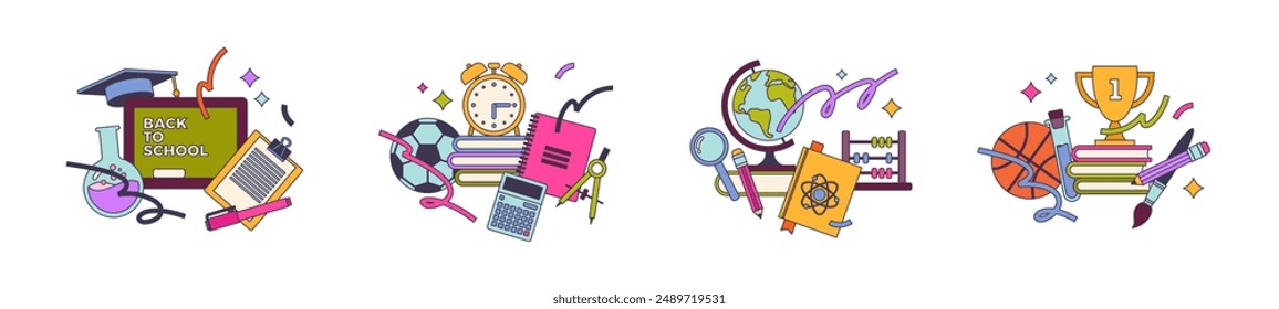 Set of back to school illustrations with school object, supplies and stationery. Vector design.