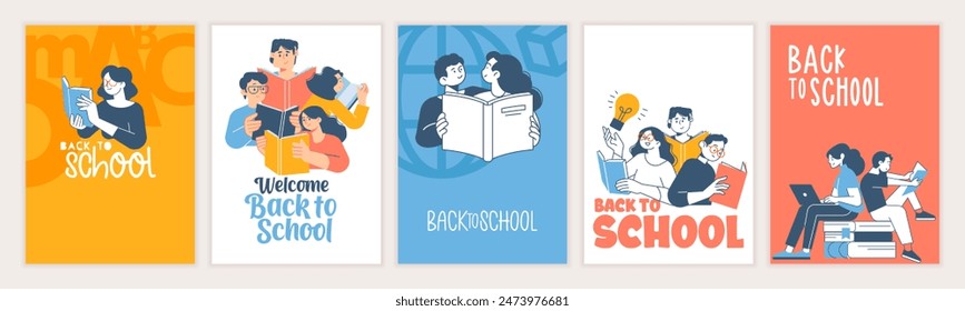 Conjunto de ilustraciones de regreso a la escuela. Conceptos de Vector para educación, aprendizaje, lectura de libros, escuela, librería. Día Internacional de la Educación, Día Mundial del Libro, Día del Profesor.