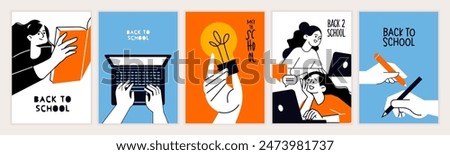 Set of back to school illustrations. Vector concepts for education, learning, reading book, school, bookstore. International education day, world book day, teachers day.