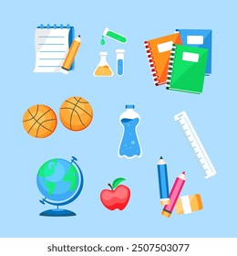 Set of Back to School images, notebooks, globe, basketballs, ruler, pencils, etc. in cute cartoon style.