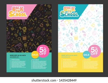 Set of back to school information sale 50% off vector design template. Education template of flyer, magazines, posters, book cover, banner. Exam infographic concept background. 