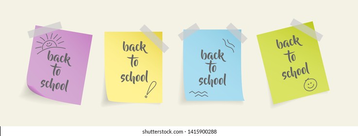 set of back to school label on colorful note paper attached with adhesive tape decorated with doodle. school background. flat style vector in editable eps 10.