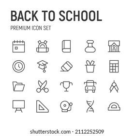 Ajuste de vuelta a los iconos de la línea escolar. Paquete de carteles de moda. Pixel perfecto objetos para interfaz de usuario, aplicaciones y web. 