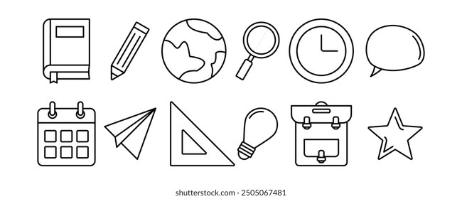 set of back to school line icons, such as book, clock, calendar, pencil, bag, ruler icons. simple design