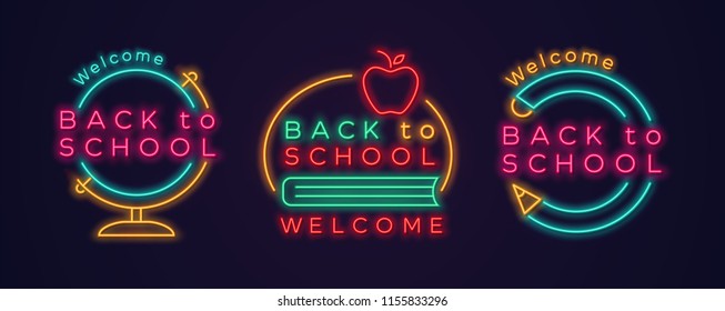 Set of Back to school neon icons. Vector illustration