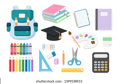 Set Of Back To School Objects Isolated On White Background Which Include Of Book, Note Book, Pencil Crayon ,bag ,calculator, Scissor And Ruler. Vector Illustration Concept For New Semester Students.