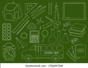 Set back to school on a green background vector illustration. Stationery draw with pencils notebooks paper planers scissors books rulers