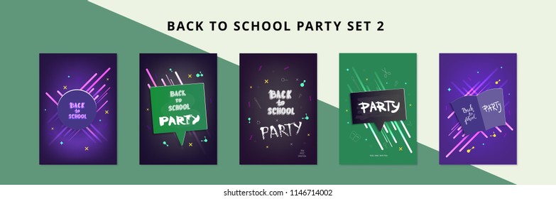 Set of Back to school party banners. Vertical flyers with speech bubble, chalk lettering. Education covers. Templates for  promotion cards, invitation and social media. Vector illustration.