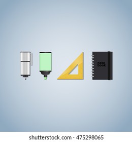 Set of back to school pen, pencil, marker, ruler and notebook icons. Vector illustration.