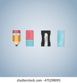 Set of back to school pencil, eraser, sharpener and ruler icons. Vector illustration.