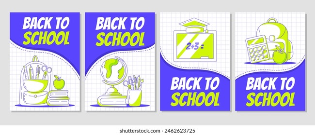Set of back to school poster, vector modern minimalist design with school supplies. Backpack with stationery, globe, blackboard, calculator. Education, learning concept. For banner, cover, flyer. A4