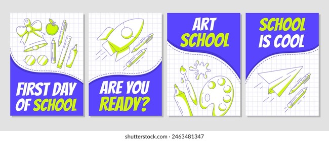 Set of back to school poster, vector modern minimalist design with school supplies. Art stationery, globe, rocket, paper airplane, bell. Education, learning concept. For banner, cover, flyer. A4