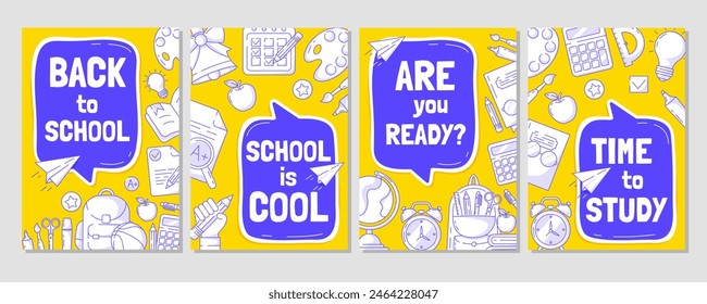 Set of back to school poster, vector yellow modern minimalist design with school supplies line icons, blue speech bubbles. Education, learning, knowledge concept. a4. For banner, cover, web, flyer