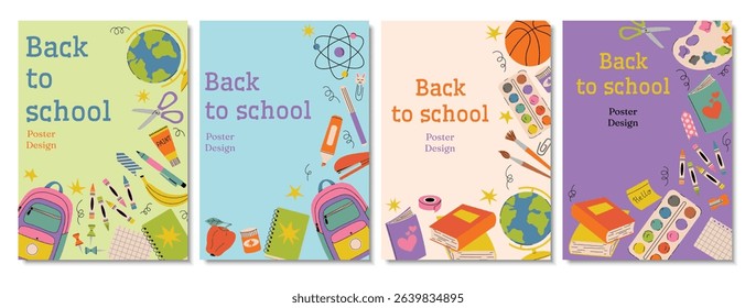 Set of back to school posters or cards in cartoon flat style with supplies like backpack, books, basketball, paints, crayons. Bright, fun and colorful design for kids, learning and education themes.