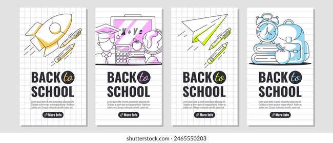 Set of back to school posters for social media, minimalist vertical narrow design. Checkered, lined background. School supplies, stationery, rocket launch, paper airplane. Education, learning concept.