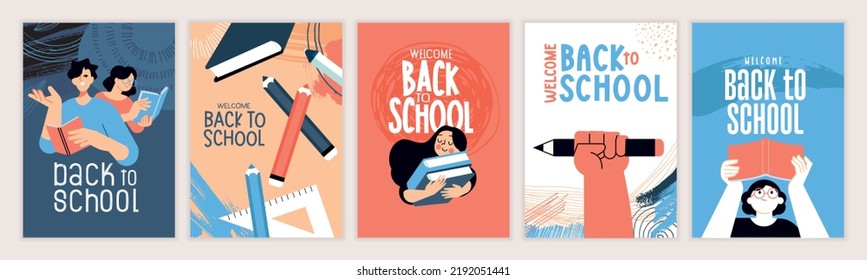 Set of back to school posters. Vector illustration concepts for graphic and web design, business presentation, marketing and print material. International education day, world book day, teachers day. - Shutterstock ID 2192051441