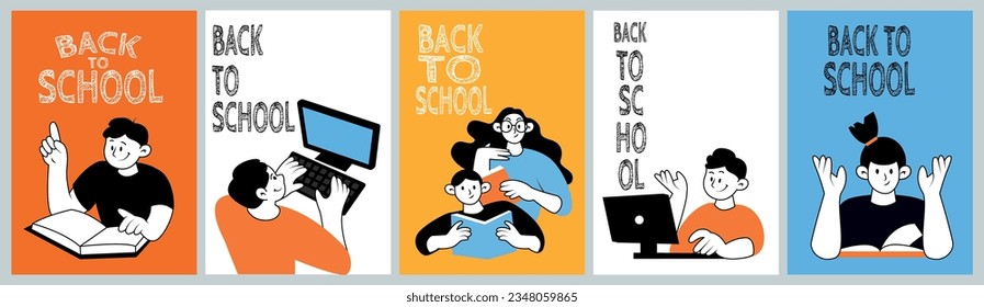 Set of back to school posters. Vector illustration of teenagers ready to start new year and learn new things. International education day, world book day concept