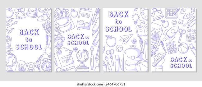 Set von Back to School Plakaten, Vektorgrafik modernes minimalistisches Design mit Schulbedarf, blaue Linie Icons. Bildung, Lernen, Wissenskonzept. A4-Format. Für Banner, Cover, Web, Flyer, Marketing	