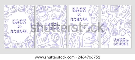 Set of back to school posters, vector modern minimalist design with school supplies, blue line icons. Education, learning, knowledge concept. a4 format. For banner, cover, web, flyer, marketing	