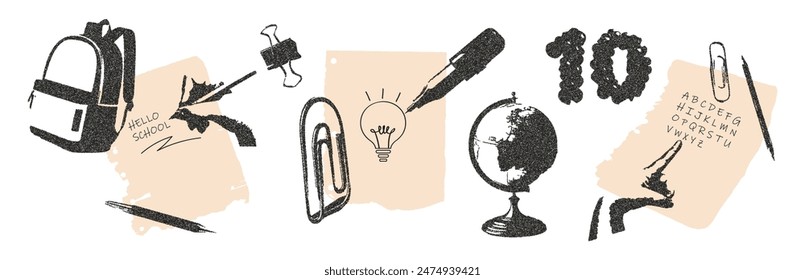 El conjunto está de vuelta a la escuela en estilo fotocopiado retro. Hojas de papel rasgadas, mochila, pluma, globo, Clip de papel, marcador, mano, números. Ilustración vectorial con diseño vintage de semitonos punteados.