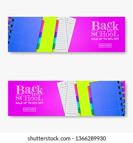 Set back to school sale off banner with stationary book document paper with pink color