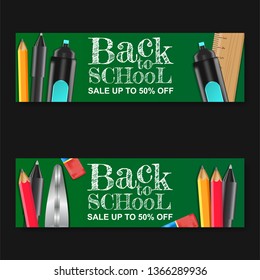 Set back to school sale off banner with stationary pencil,ruler, scissors, pen, eraser with green background