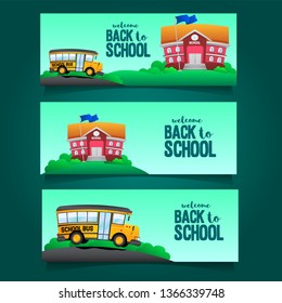 set back to school sale offer banner template with yellow school bus on the road with green background and building cartoon style